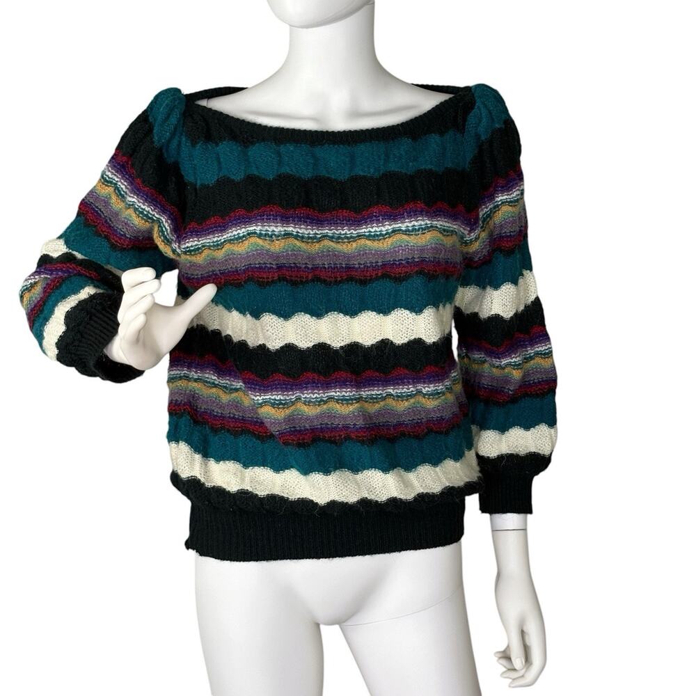 Vintage 90s Sweater Puff Sleeve Boat Neck Chevron Colorful Sz L